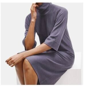 Eileen Fisher Women's Blue 100% Merino Wool Mock Neck Knit Midi Dress Size PP